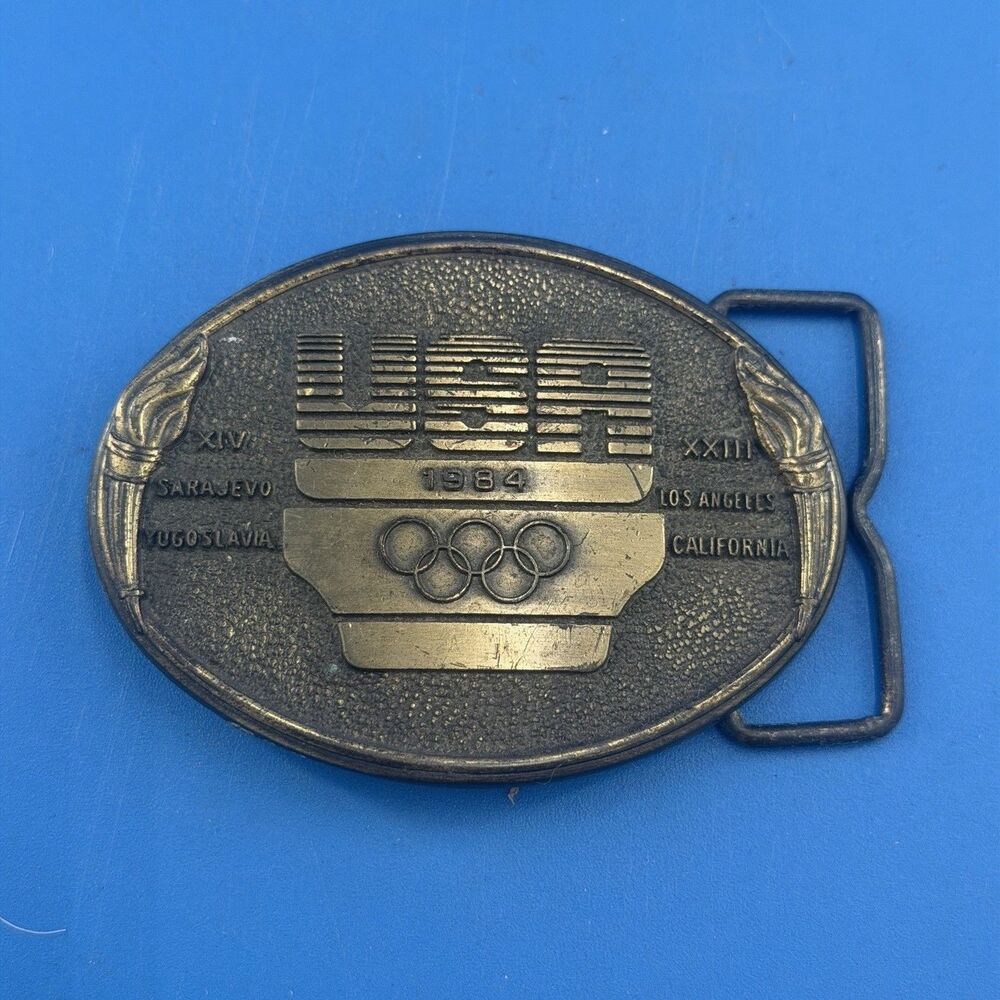 USA 1984 Olympic Belt Buckle Los Angeles Sarajevo LA Torch Rings Sports Athletes